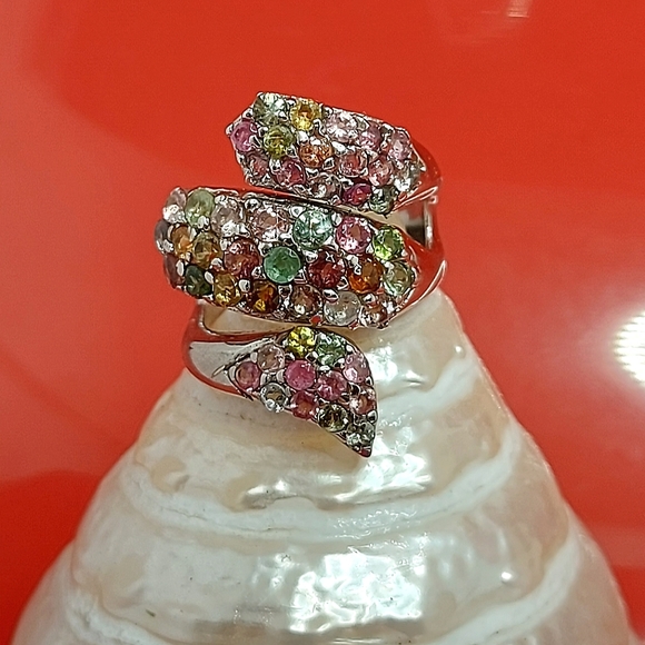 Natural Tourmaline 3mm 14K White Gold on 925 Sterling Silver Ring Sz 6.5 - Picture 2 of 10